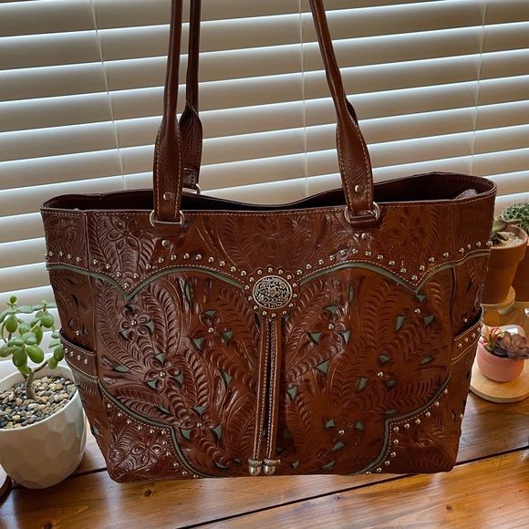 📍SOLD American West “Lady Lace” Tooled Leather Tote - Picture 3 of 16